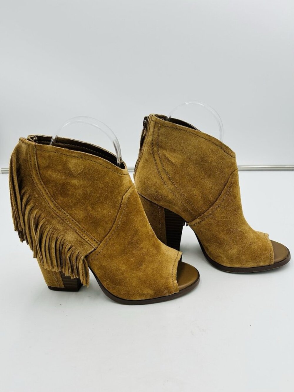 Gianni Bini 4" Heels Boots Suede Sz 6.5M Camel Brown Fringe Open Toe Back Zip